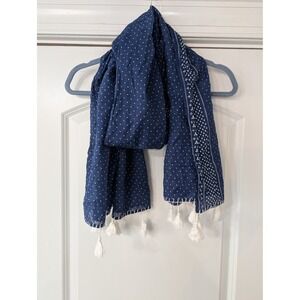 FEED Projects Navy Blue Polka Dot Tassel Scarf Lightweight Boho‎ Wrap
